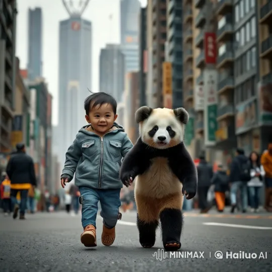 Child and Panda Stroll Through Bustling City Streets – AI Generated Video | Hailuo AI