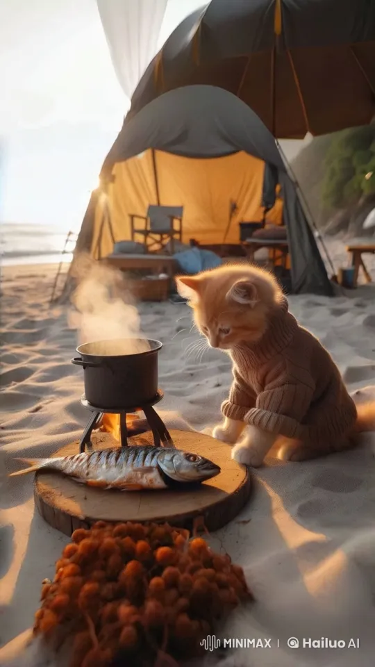 Orange Kitten Enjoying Fish by Campfire at Sunset Beach – AI Generated Video | Hailuo AI