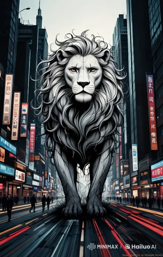 Majestic Lion Dominates City Street in Live2D Animation – AI Generated Video | Hailuo AI
