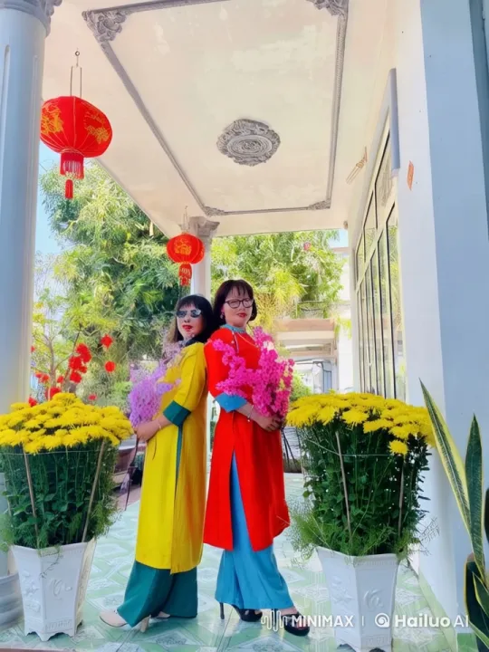 Two Women in Vibrant Outfits Celebrate Under Decorated Awnings – AI Generated Video | Hailuo AI