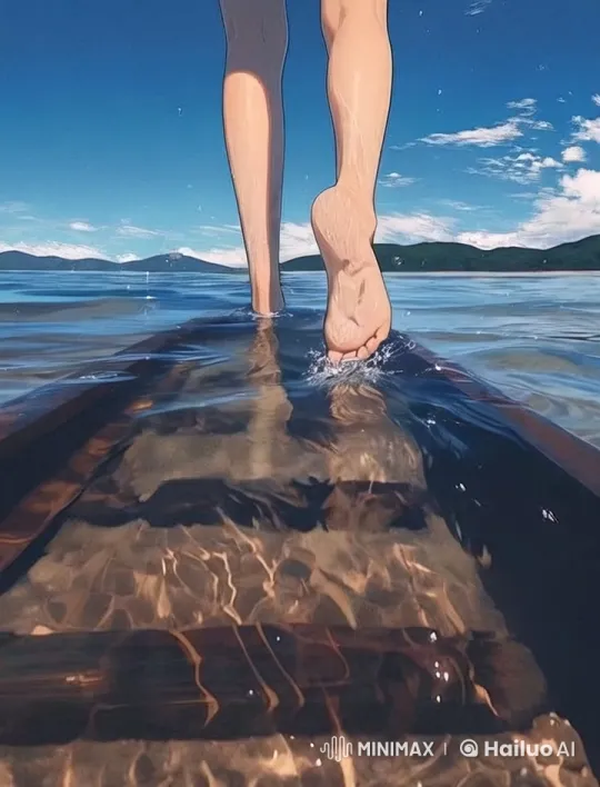 Barefoot Walk on Submerged Path in Serene Mountain Waterscape – AI Generated Video | Hailuo AI