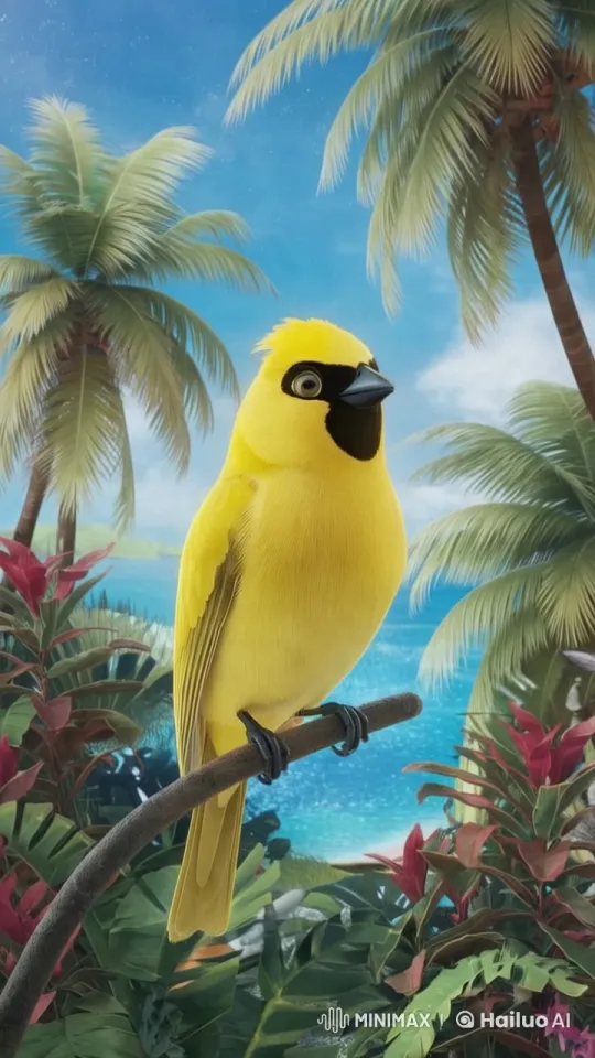Cute Bird on Branch Observes Tranquil Beach Scene – AI Generated Video | Hailuo AI