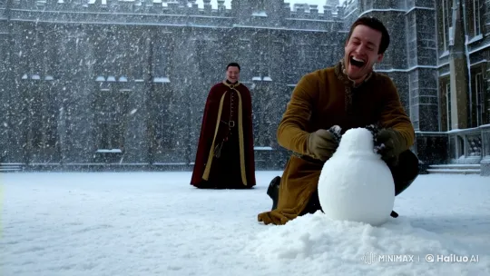 King and Minister Enjoy Snow Day with Playful Dog – AI Generated Video | Hailuo AI