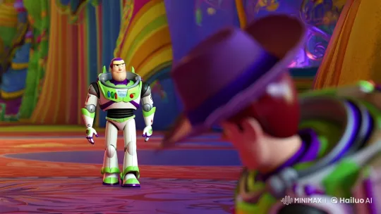Buzz Lightyear Enters with Salute Exchange in Colorful Scene – AI Generated Video | Hailuo AI