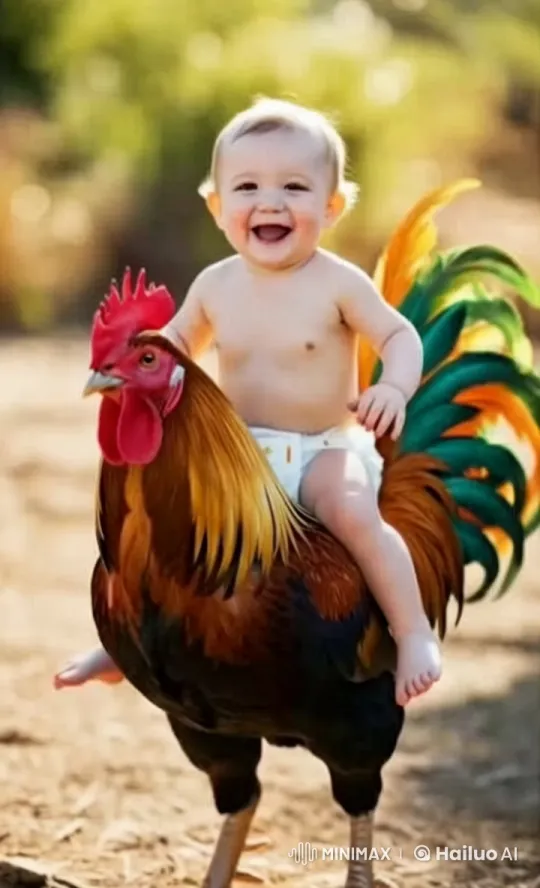 Baby Joyfully Rides on a Colorful Rooster – AI Generated Video | Hailuo AI