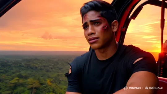 Rescue Helicopter Scene: Young Man Reflects Over Amazon Jungle – AI Generated Video | Hailuo AI
