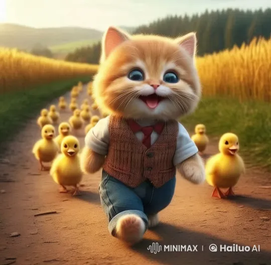 Ginger Kitten Chased by Ducklings in Wheat Field – AI Generated Video | Hailuo AI