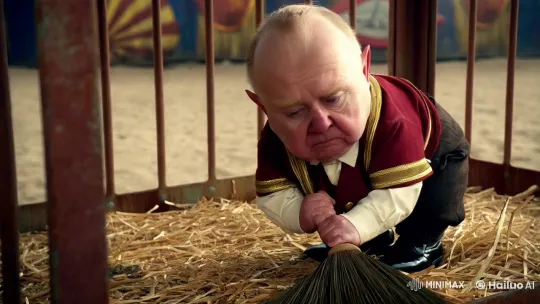 Dwarf Circus Worker Cleans Cage in 1920s Costume – AI Generated Video | Hailuo AI