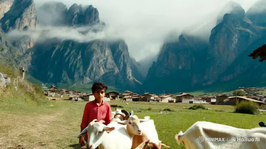 Boy Herds Goats in Majestic Mountain Village – AI Generated Video | Hailuo AI