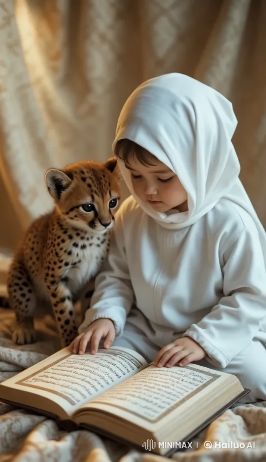 Child and Cheetah Cub Read Together in Cozy Setting – AI Generated Video | Hailuo AI
