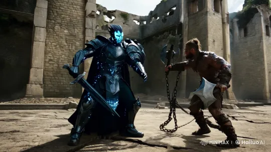 Two Warriors Battle the Colossal Titan Hilk in Ancient Fortress – AI Generated Video | Hailuo AI