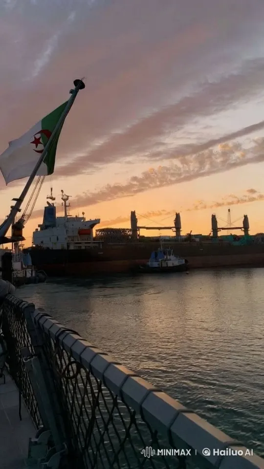 Tranquil Harbor Sunset with Cargo Ship – AI Generated Video | Hailuo AI