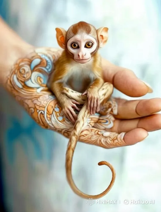 Curious Monkey on Henna-Decorated Hand – AI Generated Video | Hailuo AI