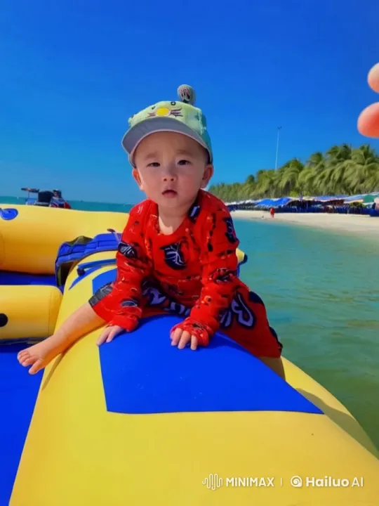Child Practicing Kungfu on Inflatable at Tropical Beach – AI Generated Video | Hailuo AI