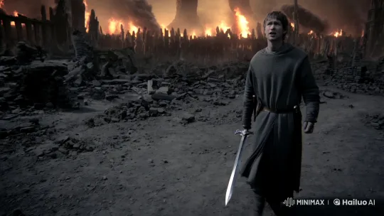 Lone Knight Stands Amidst Ruins and Approaching Menace – AI Generated Video | Hailuo AI