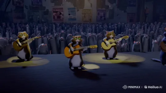 Surreal Cat Band Plays Amid Rat Chaos in Dim Hall – AI Generated Video | Hailuo AI