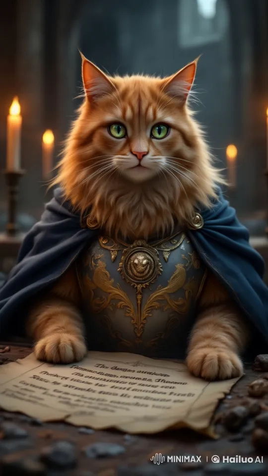 Majestic Armored Cat Readies for Destiny in Stone Chamber – AI Generated Video | Hailuo AI