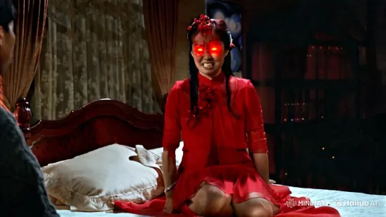 Exorcism Scene: Possessed Woman with Red Eyes and Levitation – AI Generated Video | Hailuo AI