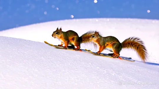 Squirrels Ski Gracefully in Winter Wonderland – AI Generated Video | Hailuo AI