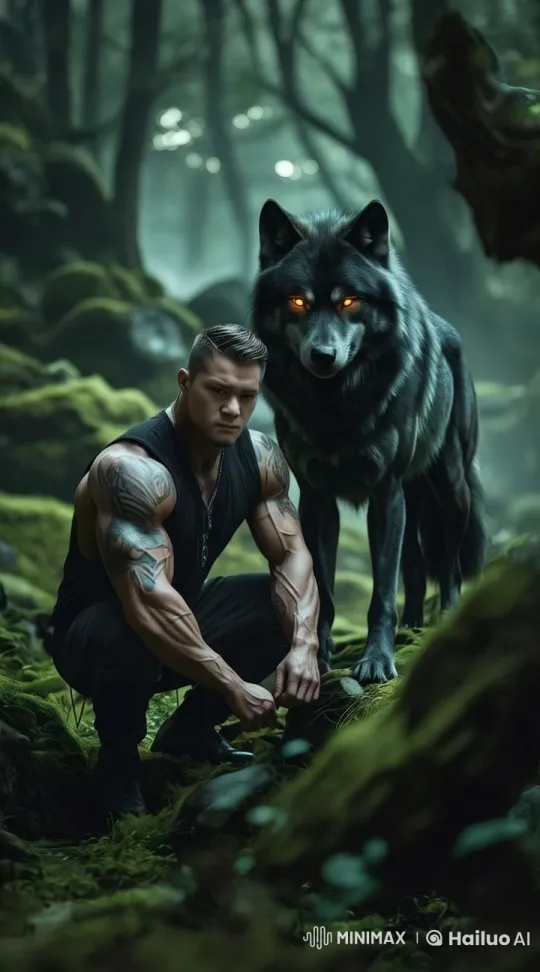 Mystical Moonlit Forest: Man and Wolf in Silent Vigilance – AI Generated Video | Hailuo AI