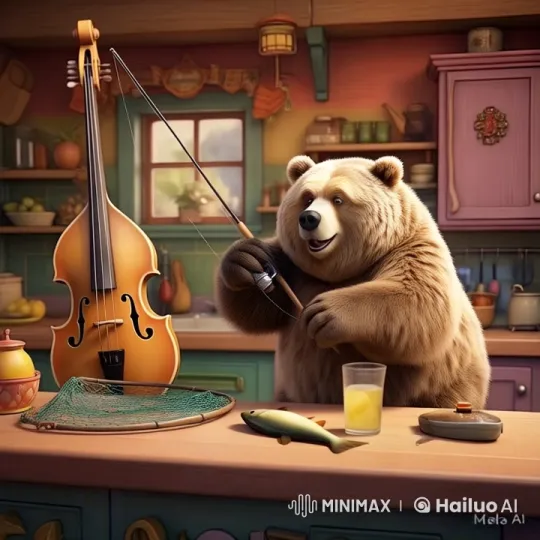 Anthropomorphic Bear Prepares for Fishing in Cozy Kitchen – AI Generated Video | Hailuo AI