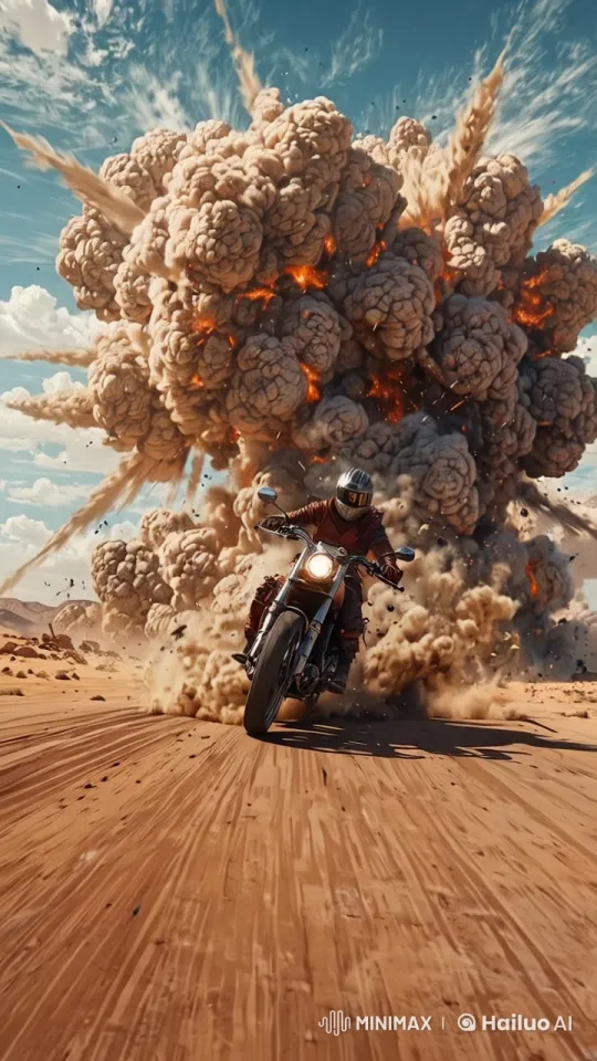 Motorcyclist Performs Martial Arts in Desert Explosion Scene – AI Generated Video | Hailuo AI