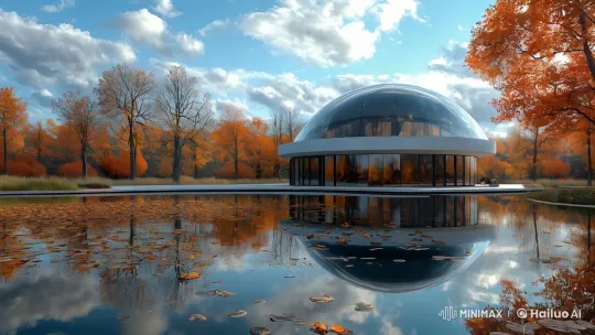 Futuristic Dome Reflects Autumn Serenity in 4K Panorama – AI Generated Video | Hailuo AI