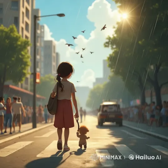 Young Girl and Child Cross Street in Animated Cityscape – AI Generated Video | Hailuo AI