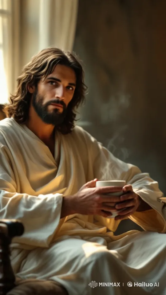 Jesus Sips Coffee in Peaceful Light – AI Generated Video | Hailuo AI