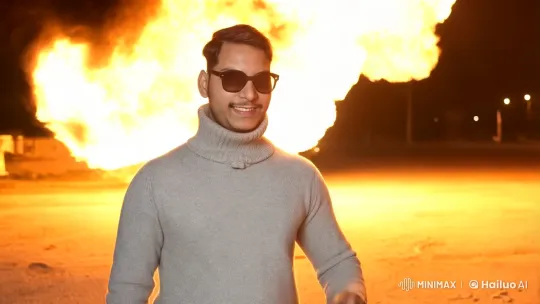 Man Walks Calmly Toward Camera Amidst Dramatic Explosion – AI Generated Video | Hailuo AI