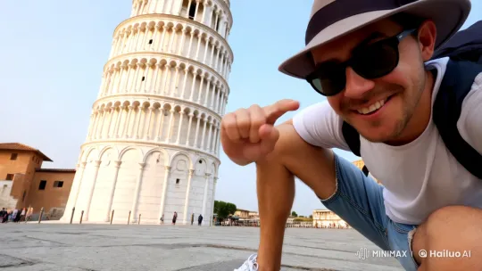 Tourist Mimics Touching the Leaning Tower of Pisa – AI Generated Video | Hailuo AI