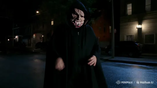 Man in Mask Prepares for Sinister Act on Empty Street – AI Generated Video | Hailuo AI