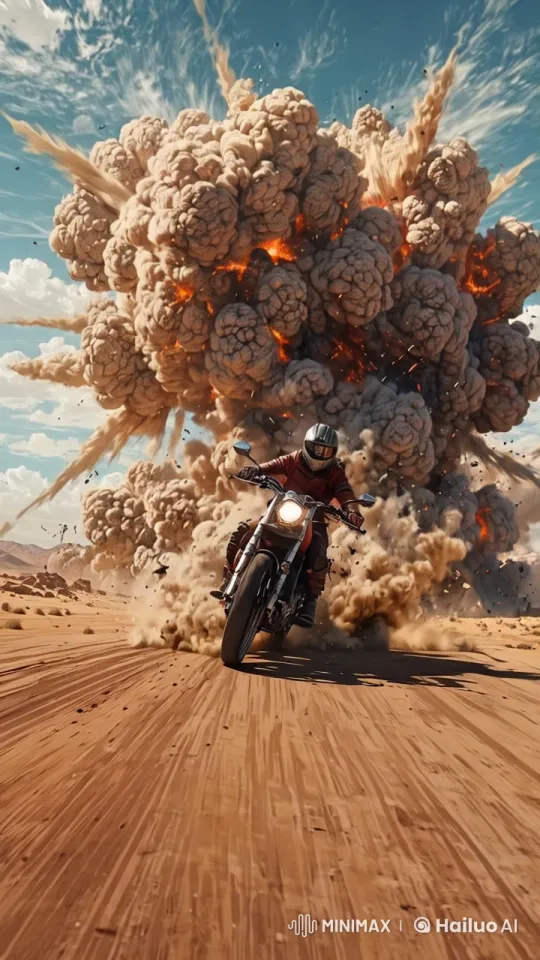 Motorcyclist Speeds Through Celebratory Desert Chaos – AI Generated Video | Hailuo AI