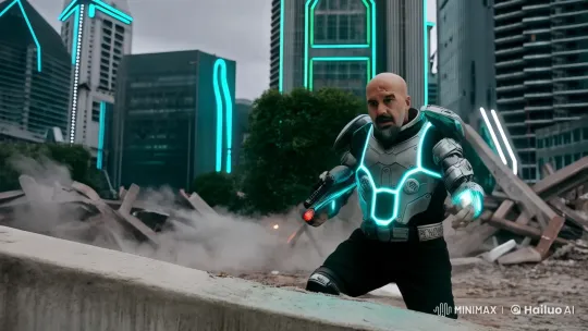 Futuristic Exosuit Hero Battles in Dystopian Cityscape – AI Generated Video | Hailuo AI