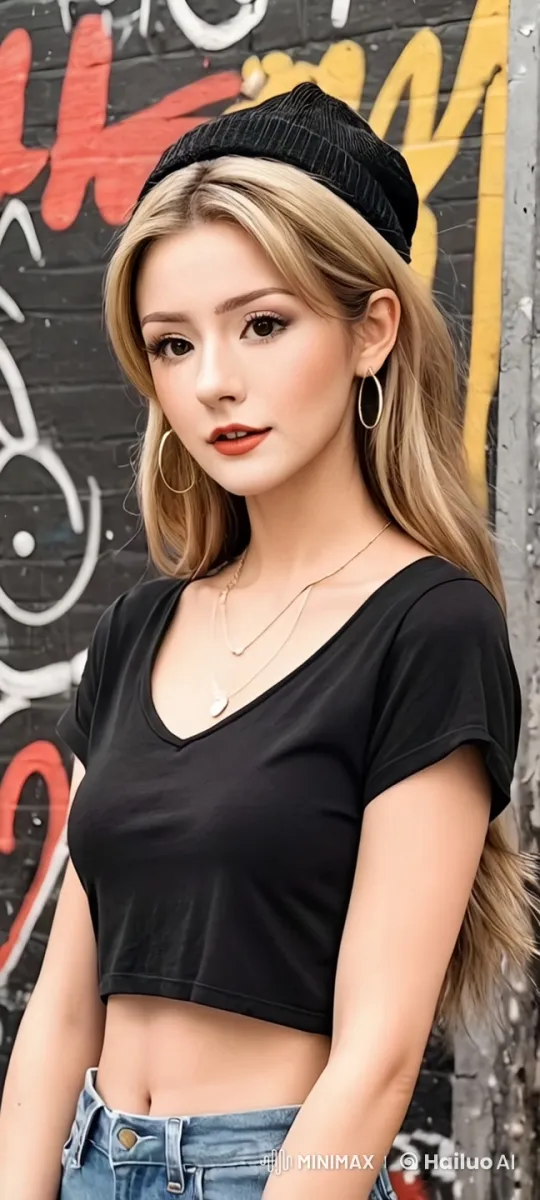 Young Woman Poses Playfully in Front of Graffiti Wall – AI Generated Video | Hailuo AI