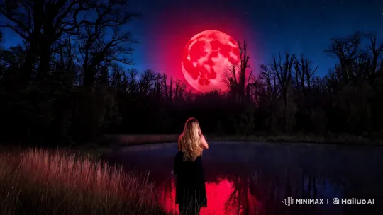 Mystical Full-Moon Night: Crimson Moon Over a Tranquil Pond – AI Generated Video | Hailuo AI