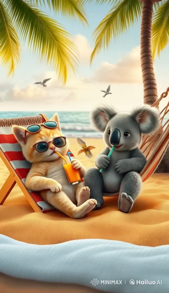 Tropical Beach Relaxation: Cat and Koala Enjoy Afternoon – AI Generated Video | Hailuo AI