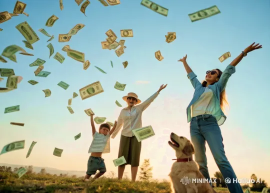 Joyful People and Dog Celebrate with Floating Banknotes – AI Generated Video | Hailuo AI