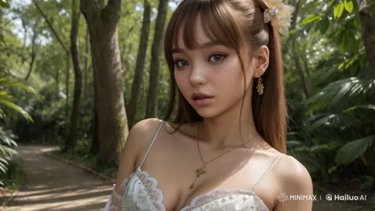 Girl in Lacy Dress Winks Amidst Serene Forest Path – AI Generated Video | Hailuo AI