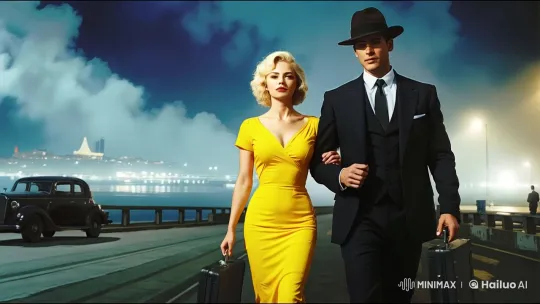 Stylish Duo Walks in Cinematic Night with Vintage Car and City Glow – AI Generated Video | Hailuo AI