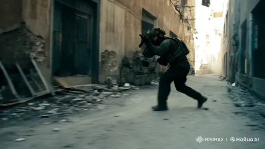 Soldier's Intense Close Combat in War-Torn Alley – AI Generated Video | Hailuo AI
