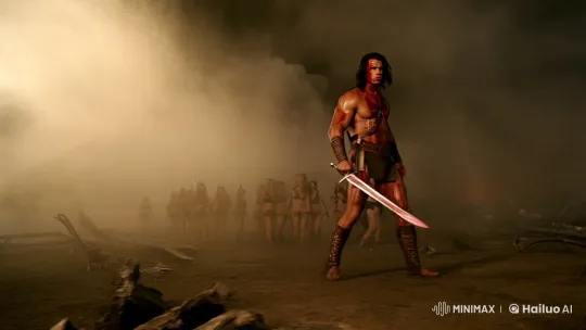 Conan Defends Warriors Amidst Haunting Fog and Chaos – AI Generated Video | Hailuo AI