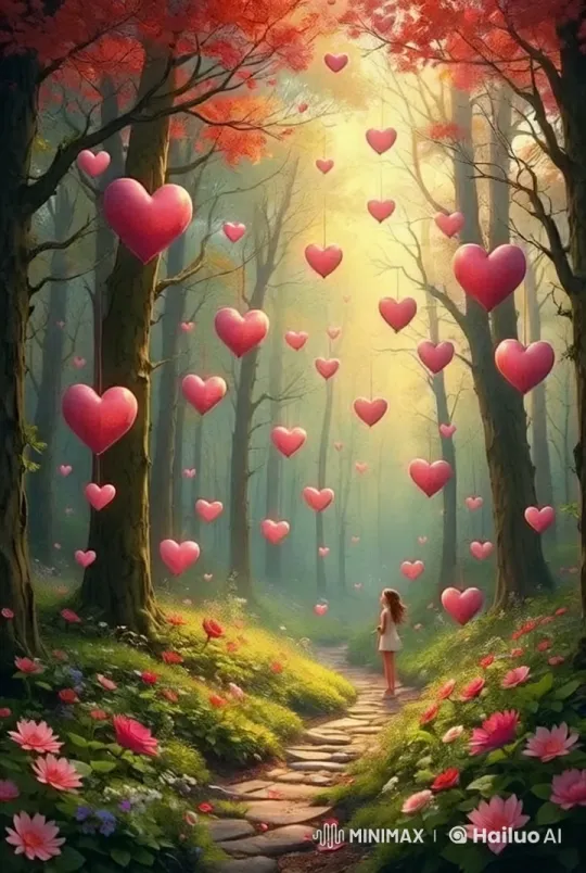 Magical Forest with Floating Heart Balloons – AI Generated Video | Hailuo AI