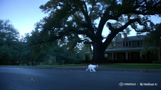 Tranquil Evening: Cat Strolls Past Old Oak Tree – AI Generated Video | Hailuo AI
