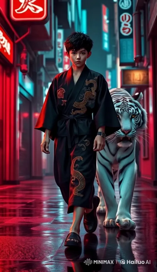 Yakuza Boy and White Tiger Walk Through Neon Alley – AI Generated Video | Hailuo AI