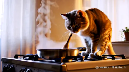 Cat Chef Stirring Pot with Graceful Steam – AI Generated Video | Hailuo AI