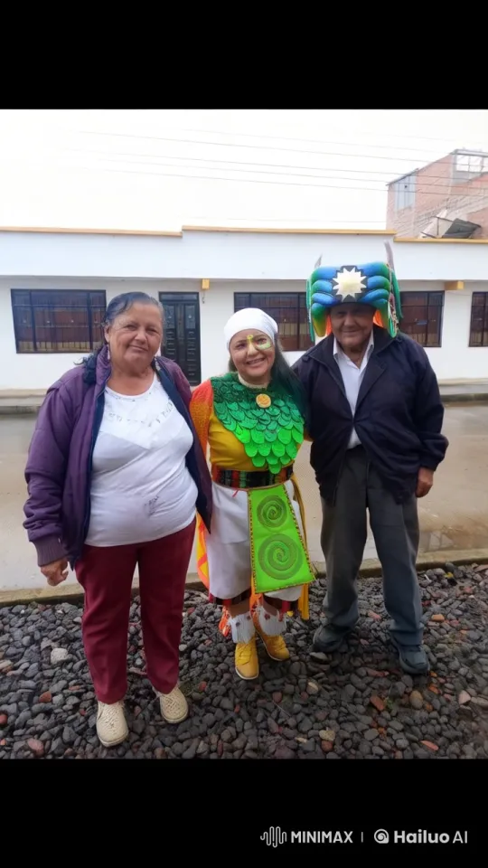 Traditional Costume-Wearing Trio Embraces Outside Building – AI Generated Video | Hailuo AI
