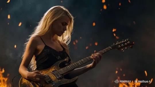 Blonde Woman Plays Electric Guitar Amidst Flames – AI Generated Video | Hailuo AI