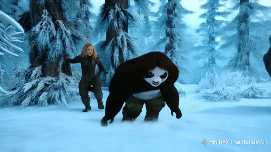 Female Panda Fights for Survival in Snowy Forest Chase – AI Generated Video | Hailuo AI