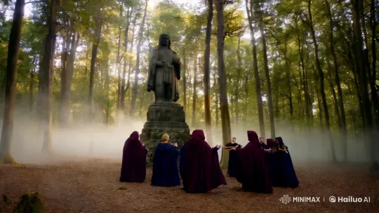 Ancient Forest Ritual: Statue, Medieval Figures, Mysterious Atmosphere – AI Generated Video | Hailuo AI